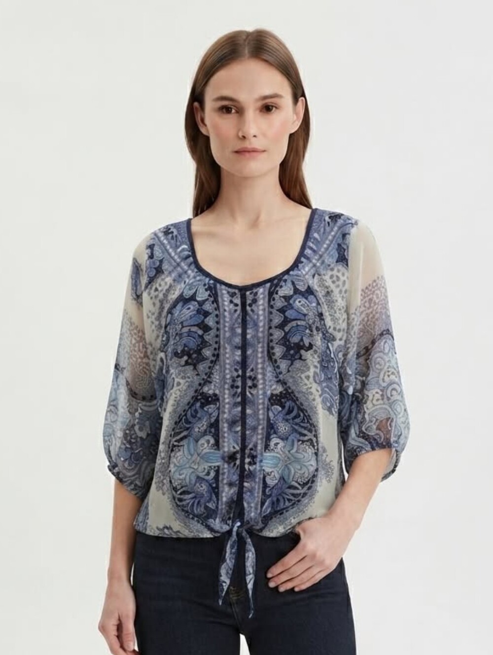 Roz & Ali Blouse Blue and White Paisley Size Medium